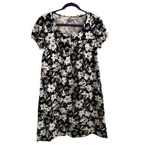 Jones New York Sport Black White Floral Cap Sleeve Babydoll Dress Sz M Cottage